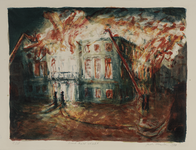 29217 Afbeelding van het Brandende Gebouw voor Kunsten en Wetenschappen (Mariaplaats 27) te Utrecht, gezien uit het ...